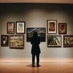 Photo by Zalfa Imani woman in black coat standing in front of paintings